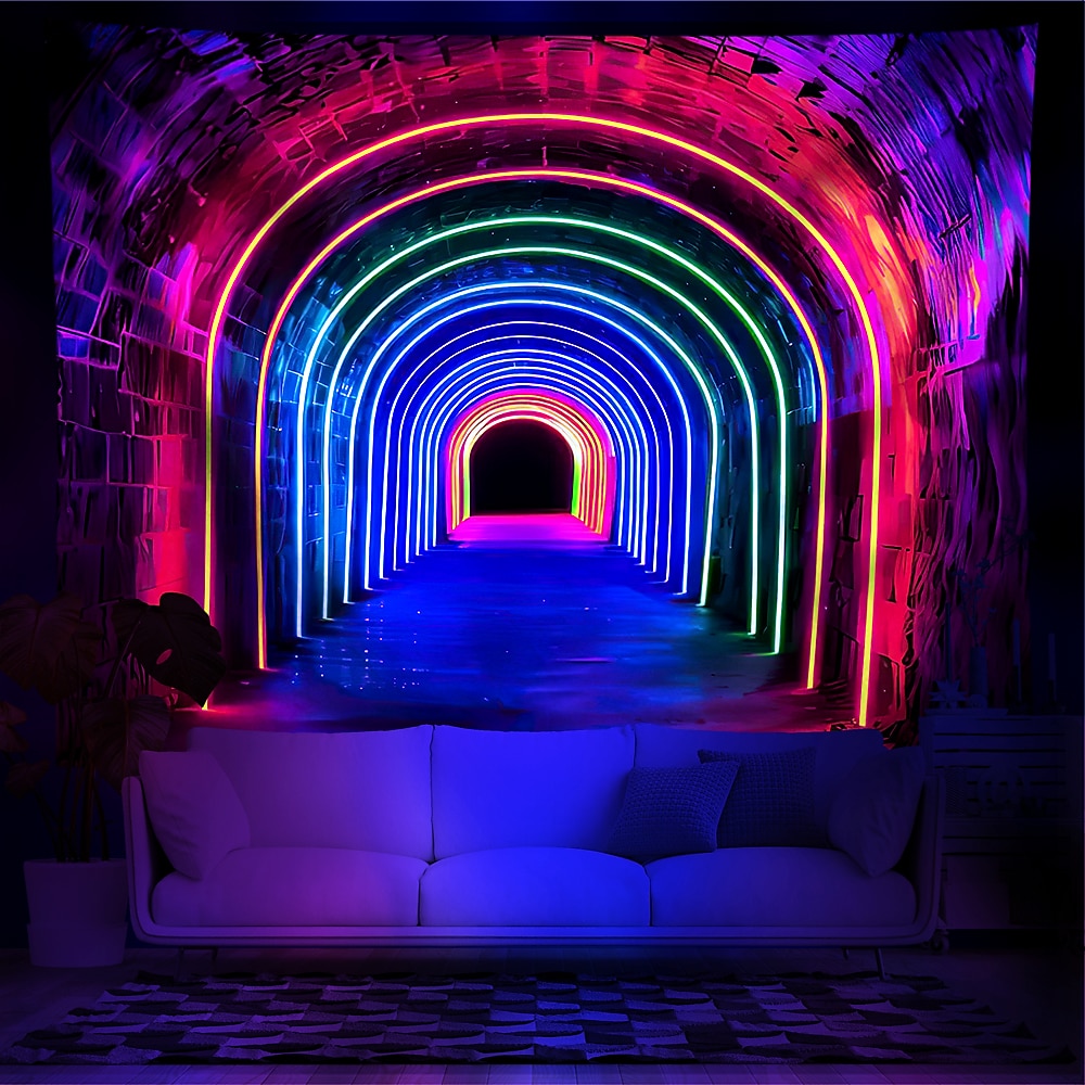 Schwarzlicht Wandteppich UV reaktiv im Dunkeln leuchtend Party Neon Regenbogen Bogen psychedelisch trippig neblig hängender Wandteppich Wandbild für Wohnzimmer Schlafzimmer Lightinthebox