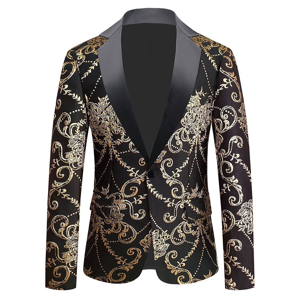 Herren Modisch Party Luxus Blazer-Jacke Blumen Jacquard Blazer Standard Weite Passform Einreiher - 1 Knopf Schwarzes Gold 2023 Lightinthebox