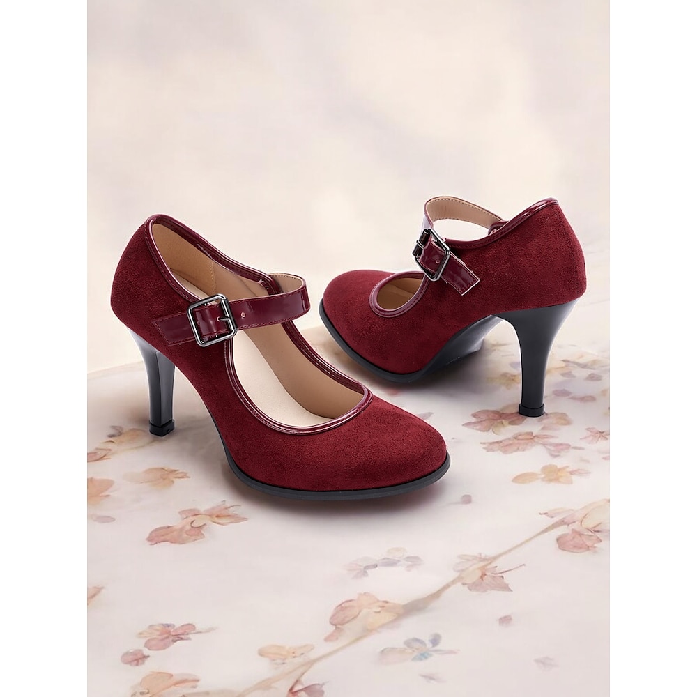 Damen Absätze Retro Wildlederschuhe Mary Jane Party Arbeit Täglich Schnalle Stöckelabsatz Runde Zehe Elegant Vintage Klassisch Kunst-Veloursleder PU Schnalle Dunkelrot Schwarz Lightinthebox