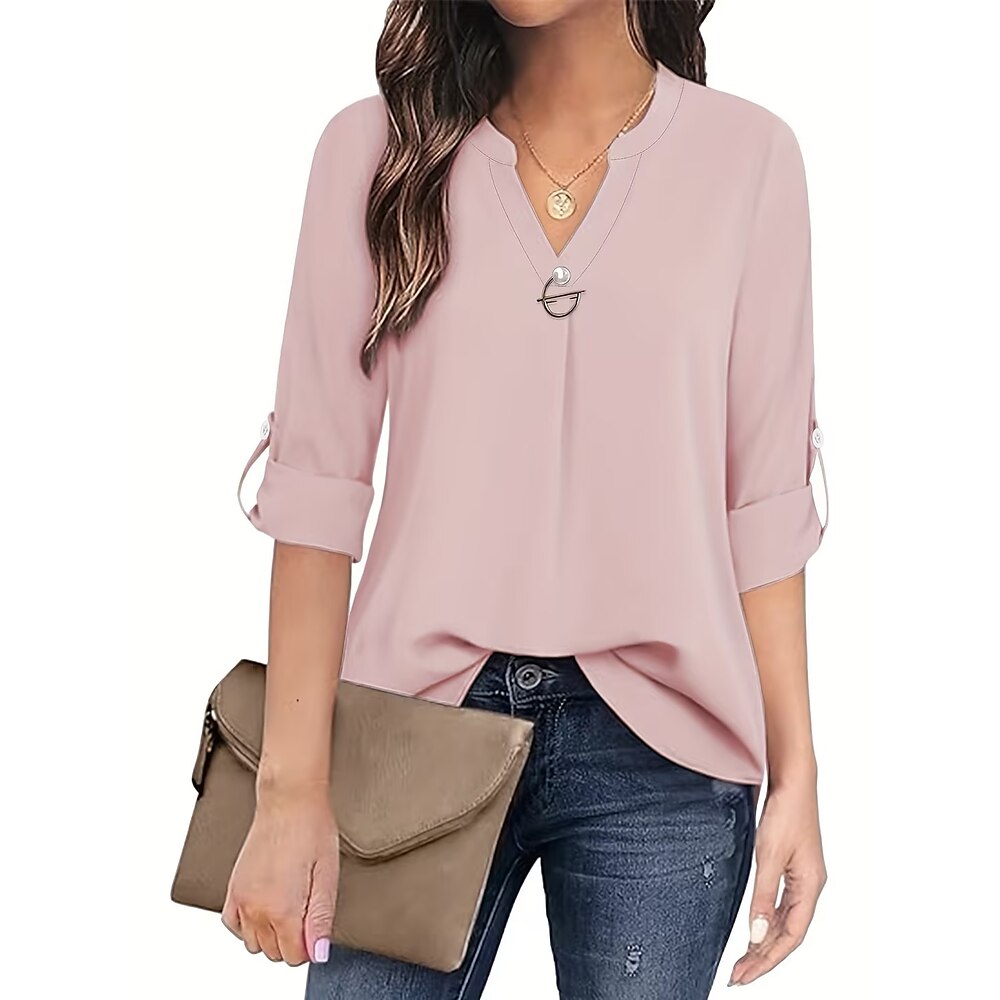 Damen Bluse Elegante Oberteile Feste Farbe Glatt Elegant Kurzarm Gekerbter Hals Arbeit Perlenbesetzt Schwarz Weiß Rosa Blau Sommer Frühling Herbst Lightinthebox