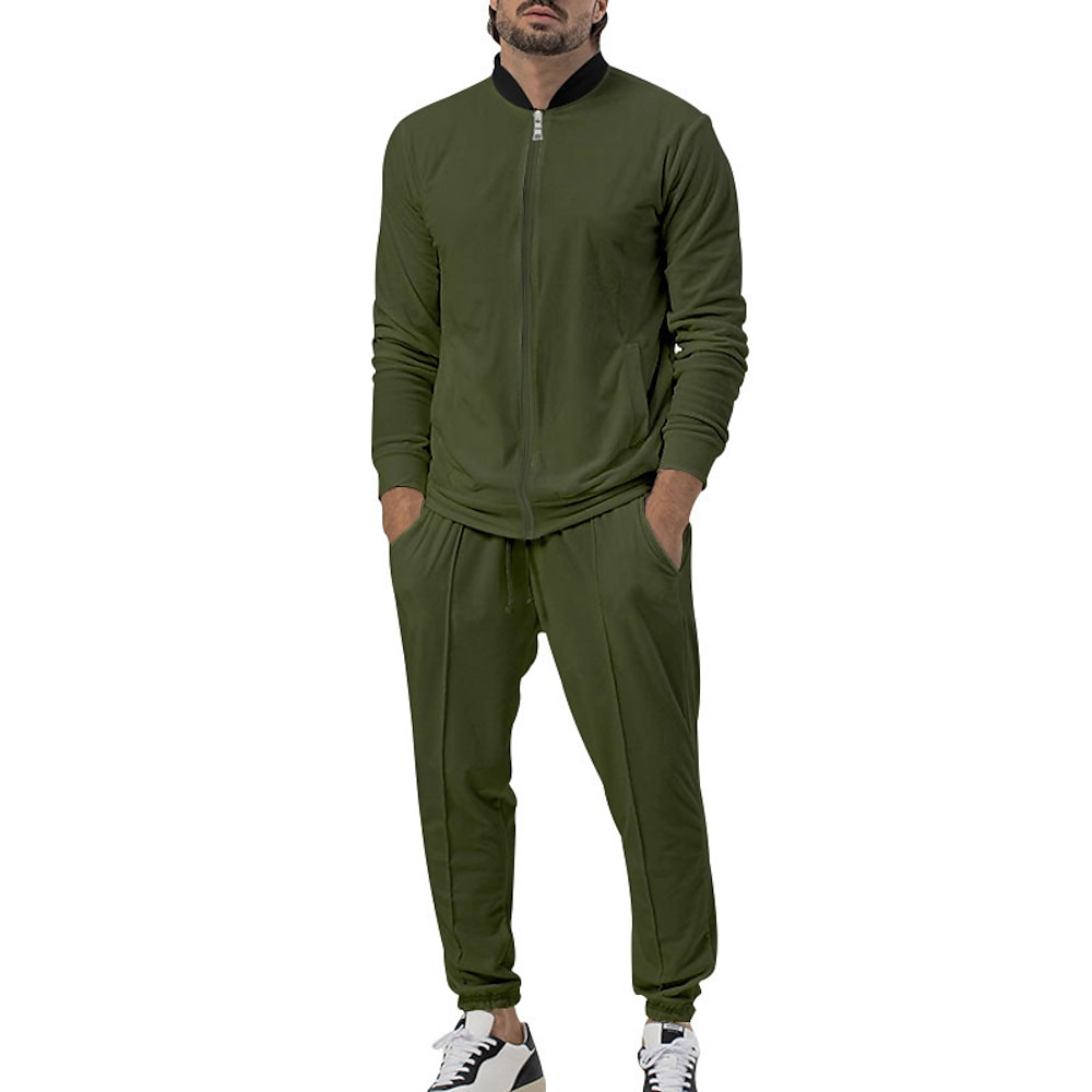 Herren Trainingsanzug Jogginganzug 2 teilig Full Zip Casual Herbst Langarm Atmungsaktiv Weich Fitness Fitnesstraining Laufen Sportbekleidung Sportkleidung Einfarbig Dunkelgrau Schwarz Armeegrün Lightinthebox