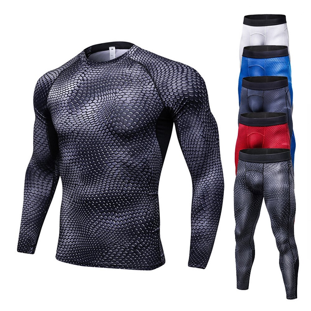 Herren Funktionsshirt Gymnastikanzüge 2 teilig Casual Herbst Langarm Atmungsaktiv Weich Fitness Fitnesstraining Laufen Sportbekleidung Sportkleidung Schlangenhaut Dunkelgrau Schwarz Weiß Lightinthebox