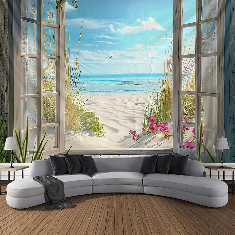 Fensteransicht Strand hängen Wandteppich Wandkunst große Wandteppich Wandbild Dekor Fotografie Hintergrund Decke Vorhang Haus Schlafzimmer Wohnzimmer Dekoration Ozean Sommer Wandtuch XXL Natur Lightinthebox