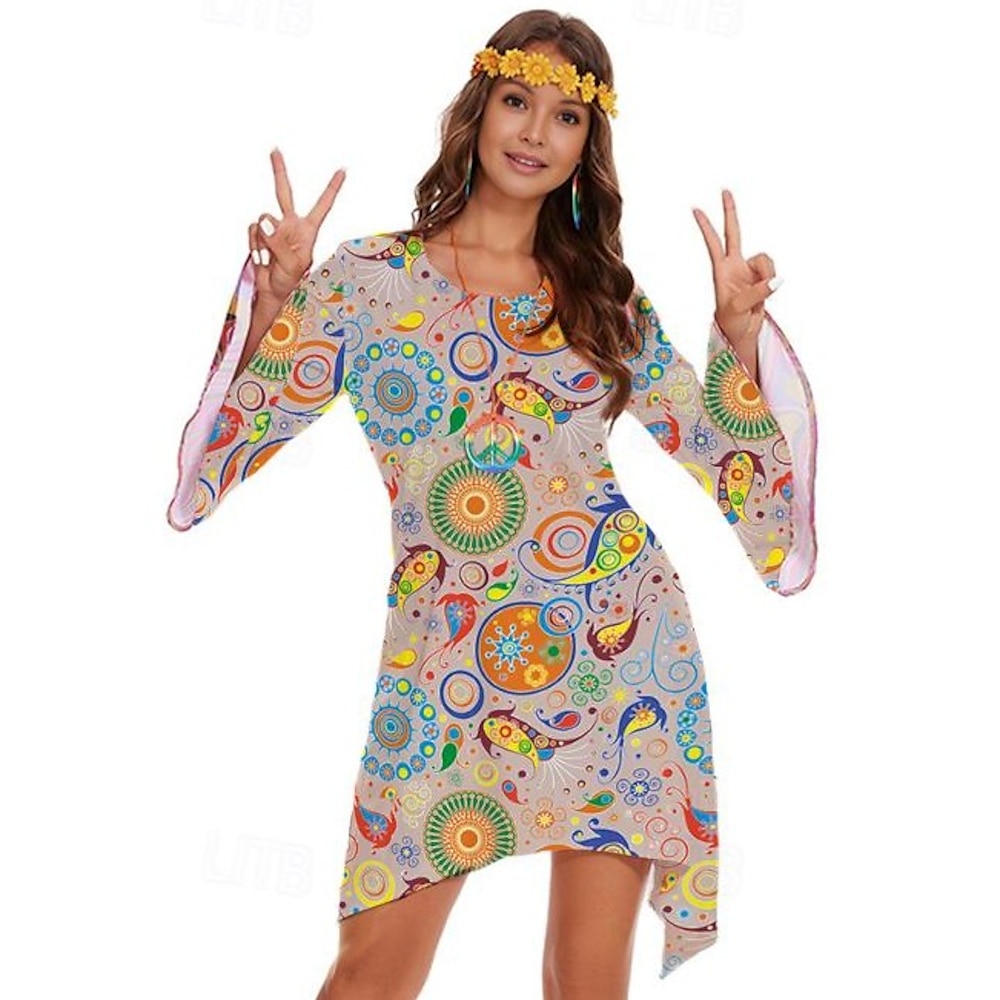 Retro Vintage 1970er 70er-Jahre-Kostüm für Damen Hippie Scheibe Damen Graphic Rundhalsausschnitt Halloween Karneval Maskerade Party Freizeitskleidung Erwachsene Kleid Ganzjährig Lightinthebox