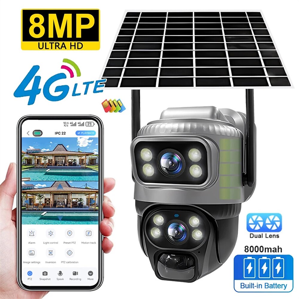 4G-Kamera mit Doppelobjektiv, Solar-PIR-Personenerkennung, Nachtsicht, wasserdichte Sicherheitsvideo-IP-Kamera, 8 MP, 4 K, Akku, CCTV-Monitor Lightinthebox