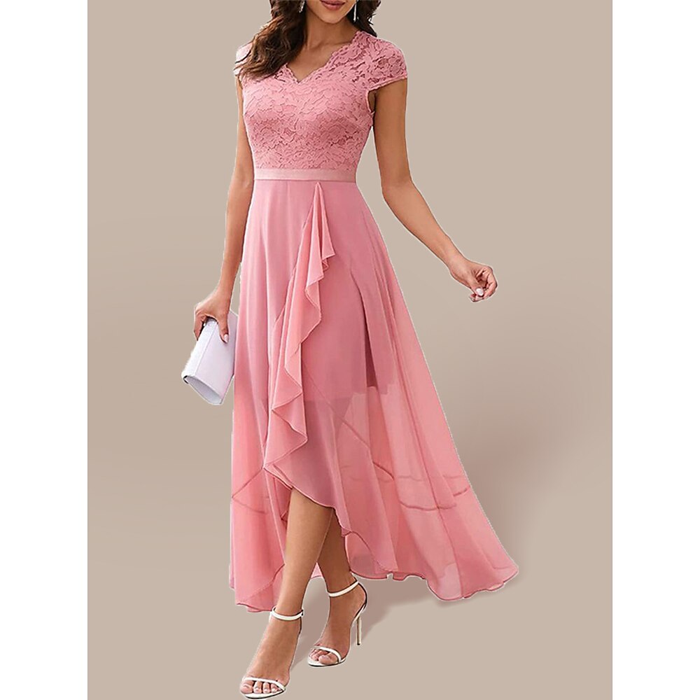 Damen Spitzenkleid Maxidress Spitze Spitze Rüsche kleid hochzeitsgast Cocktailparty Elegant Ausgefallene V Ausschnitt Ärmellos Schwarz Rosa Wein Farbe Lightinthebox