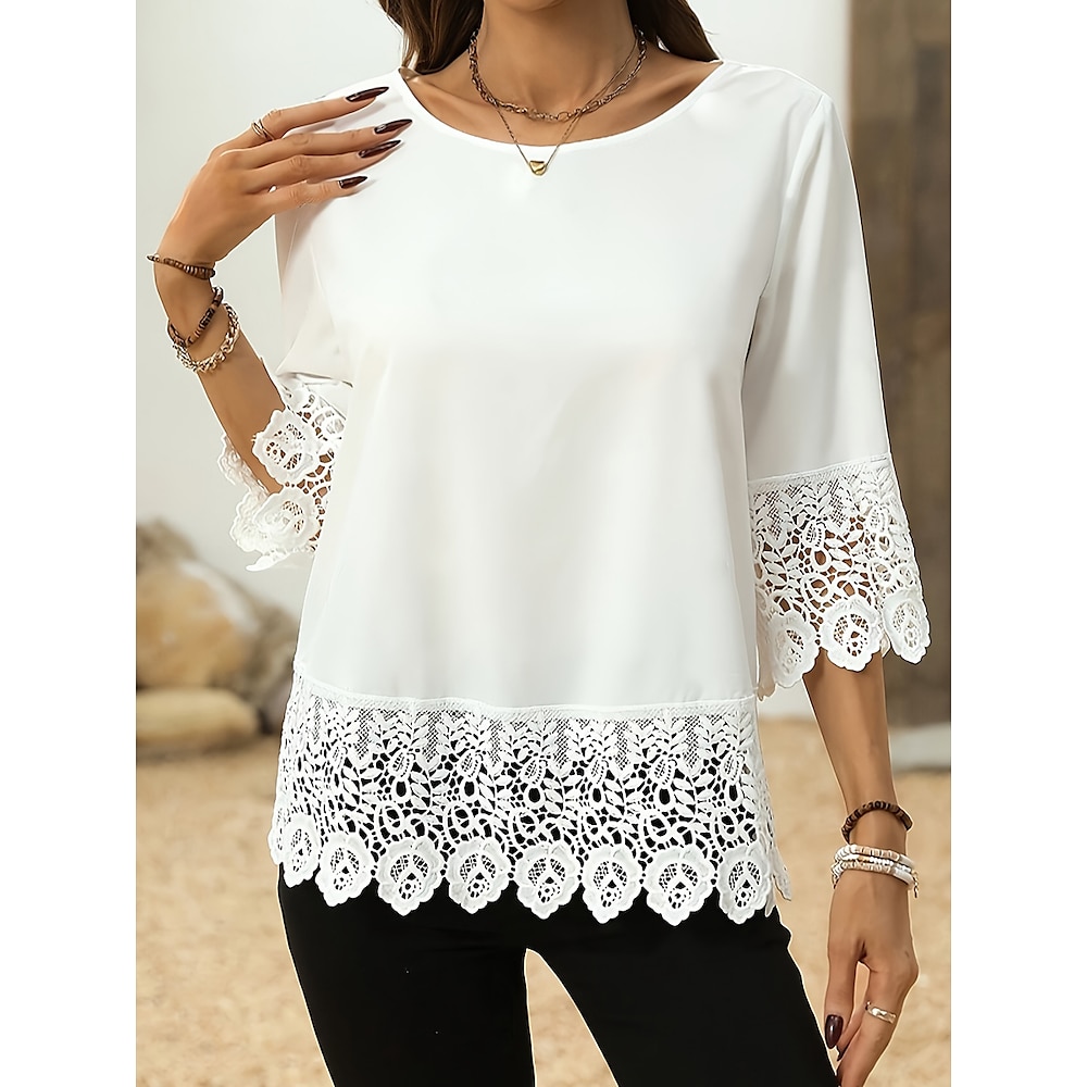 Damen Bluse Elegante Oberteile Elegant Brautkleider schlicht Feste Farbe Glatt Normale Oberteile 3/4 Ärmel Rundhalsausschnitt Spitze Regular Fit Täglich Weiß Sommer Lightinthebox