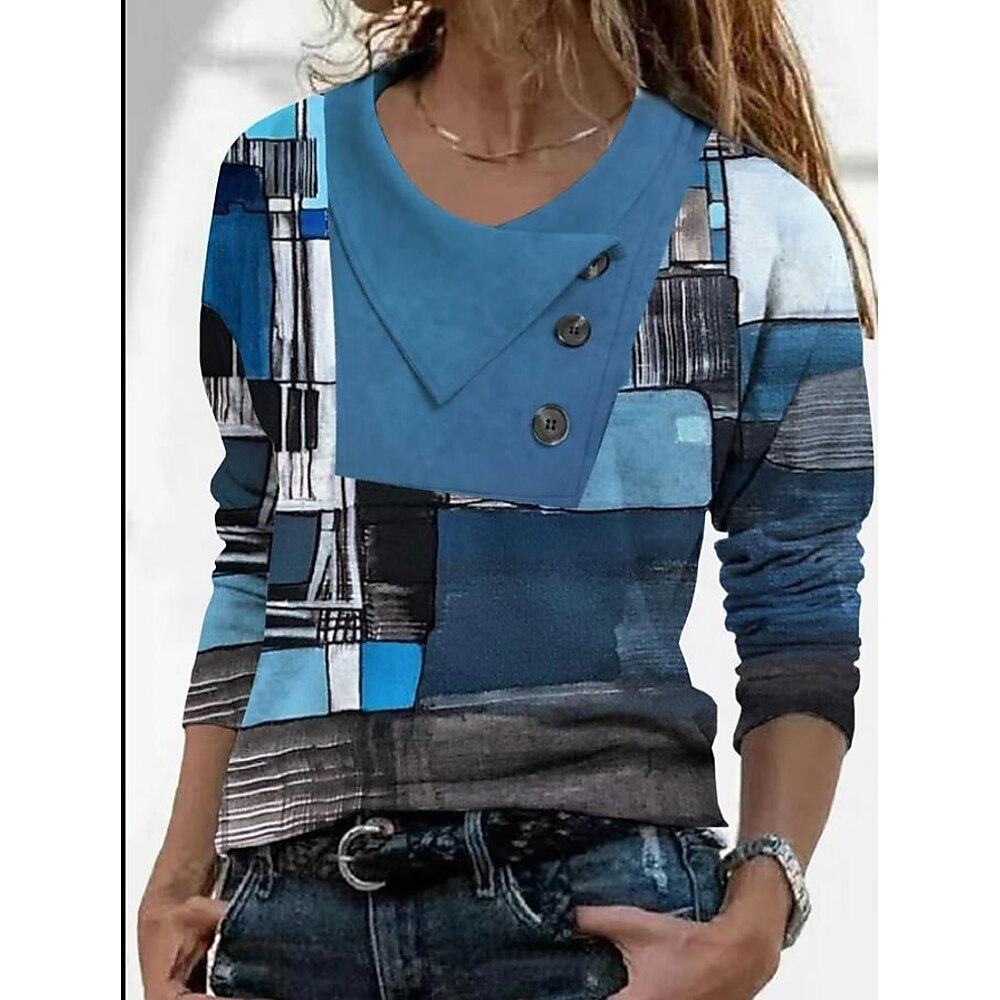 Damen T Shirt Blumen Taste Bedruckt Täglich Wochenende Modisch Langarm V Ausschnitt Marineblau Frühling Herbst Lightinthebox