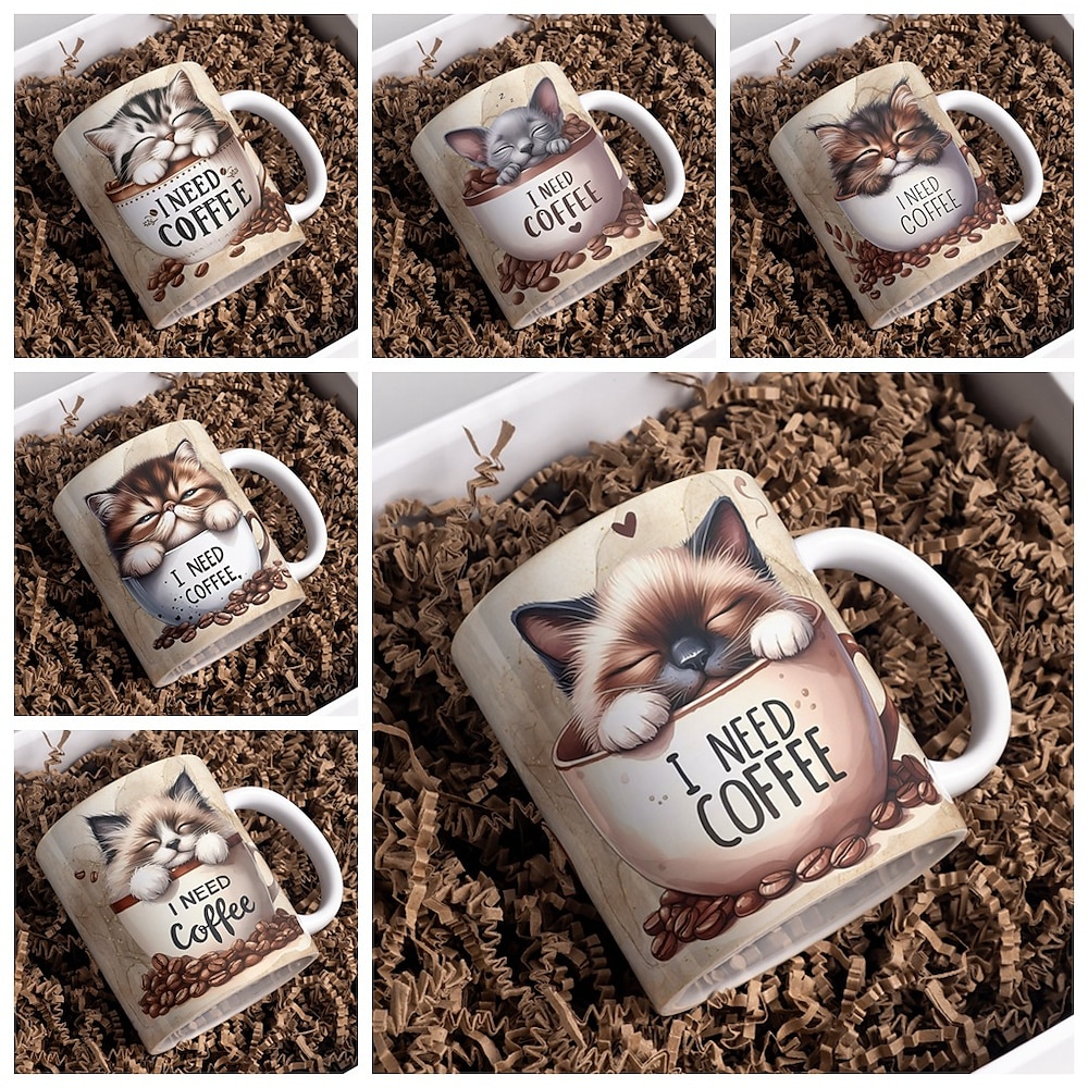 Kaffeetasse mit Katzenmotiv - lustige „I need coffee mugs", beidseitig bedruckte Keramik-Kaffeetassen als Geschenk mit Katzenmotiv für Frauen Männer, spülmaschinenfeste neuartige Kaffeetassen für Lightinthebox