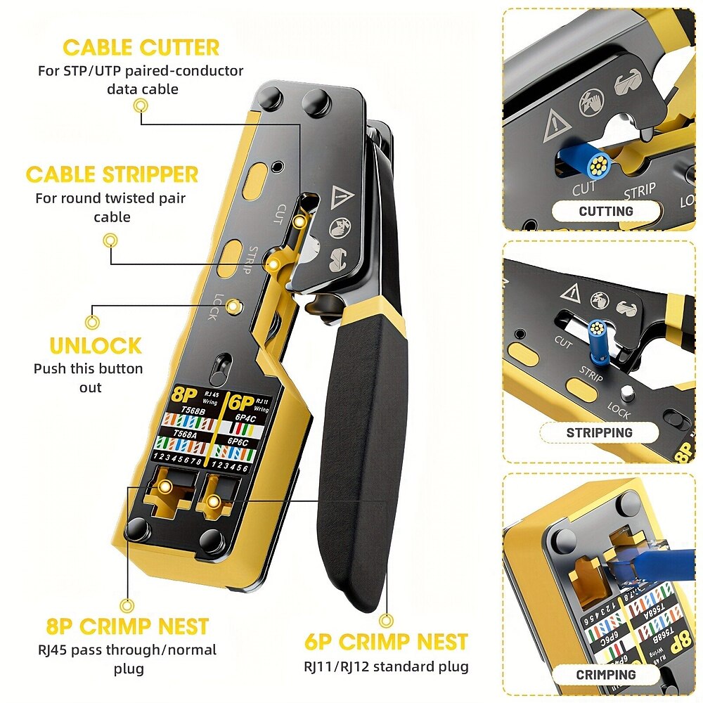 All-in-One-RJ45-Pass-Through-Crimpwerkzeug für Cat6, Cat5, Cat5e-Ethernet-Modulstecker, Drahtschneider und Crimper Lightinthebox