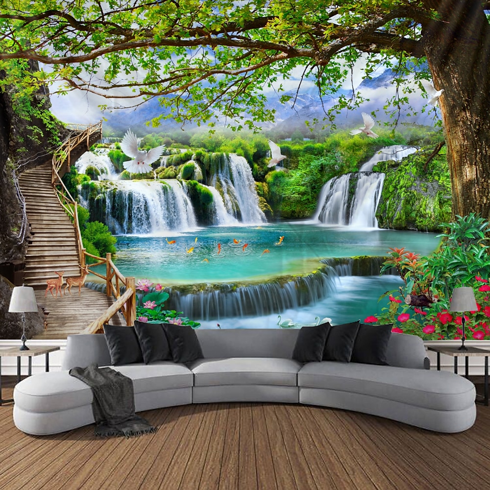 Wandteppich schöne hölzerne Leiter Wasserfall Landschaft Tapisserie hängen Stoff Hintergrund Stoff dekorative Stoff hängen Stoff Wandtuch XXL Natur Lightinthebox