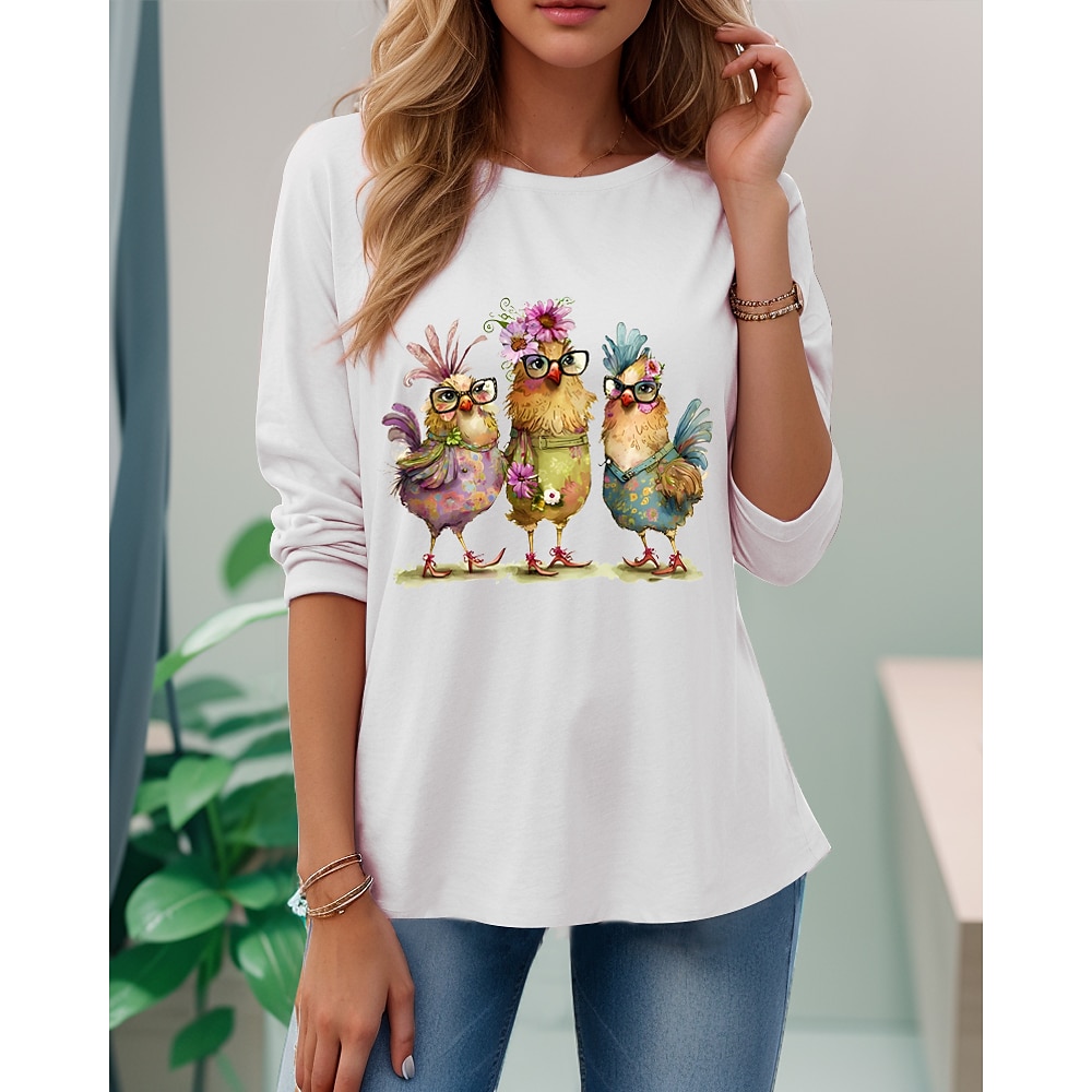 Damen T Shirt Hühnchen Stilvoll Brautkleider schlicht Langarm Rundhalsausschnitt Normale Oberteile Täglich Bedruckt Schwarz Weiß Rosa Frühling Herbst Lightinthebox