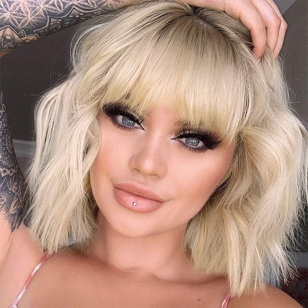 kurze blonde Ombre-Perücken, gewellte Bob-Perücke mit Pony, synthetische lockige pastellfarbene Bob-Perücke für Mädchen, farbenfrohe Cosplay-Perücken Lightinthebox