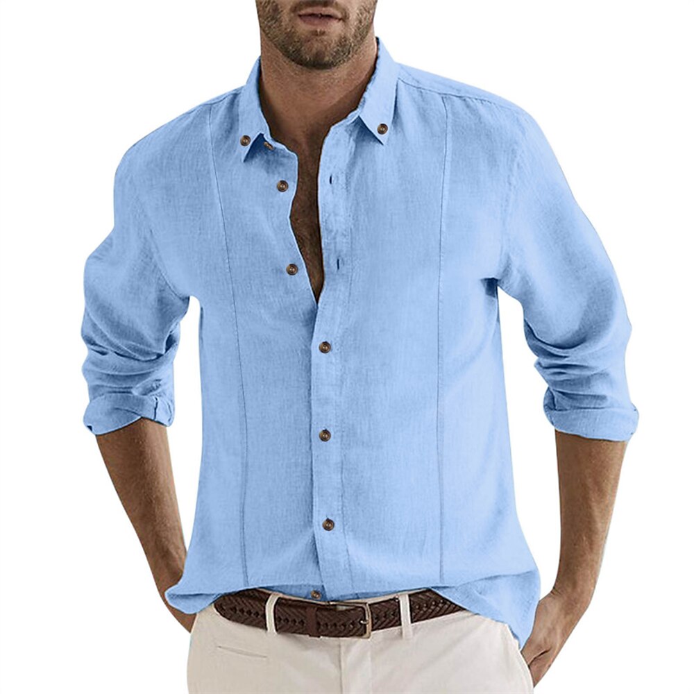 Herren Hemd leinenhemd Lässiges Hemd Knopfhemd Baumwoll-Shirt Glatt Hawaiianisch Festtage Schwarz Weiß Himmelblau Khaki Langarm Kargen Frühling Herbst Bekleidung Button-Down Lightinthebox