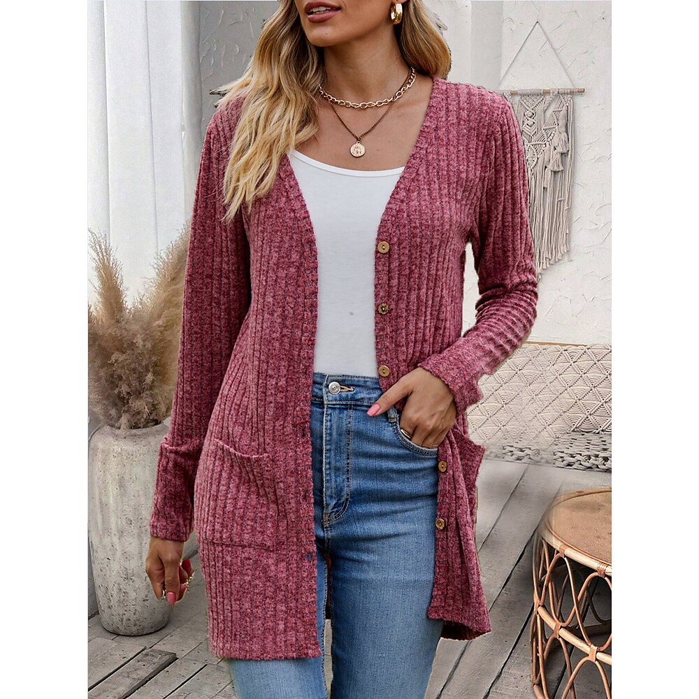 Damen Strickjacke Asymmetrisch V Ausschnitt Gerippt Stricken Polyester Taste Tasche Gedreht Frühling Herbst Winter Standard Täglich Brautkleider schlicht Langarm Feste Farbe Glatt Wein Armeegrün Blau Lightinthebox