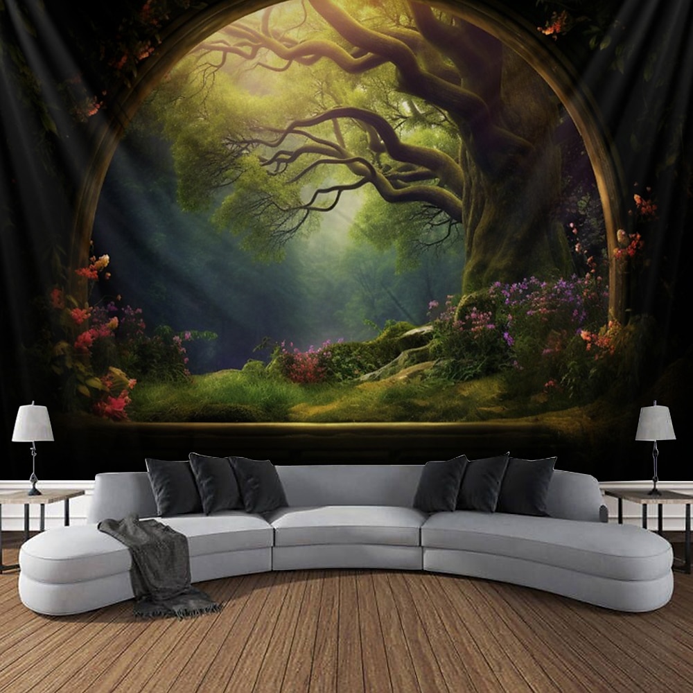 Fensteransicht Wald hängende Wandteppich Wandkunst große Wandteppich Wanddekor Fotografie Hintergrund Decke Vorhang Zuhause Schlafzimmer Wohnzimmer Dekoration Wandtuch XXL Natur Lightinthebox