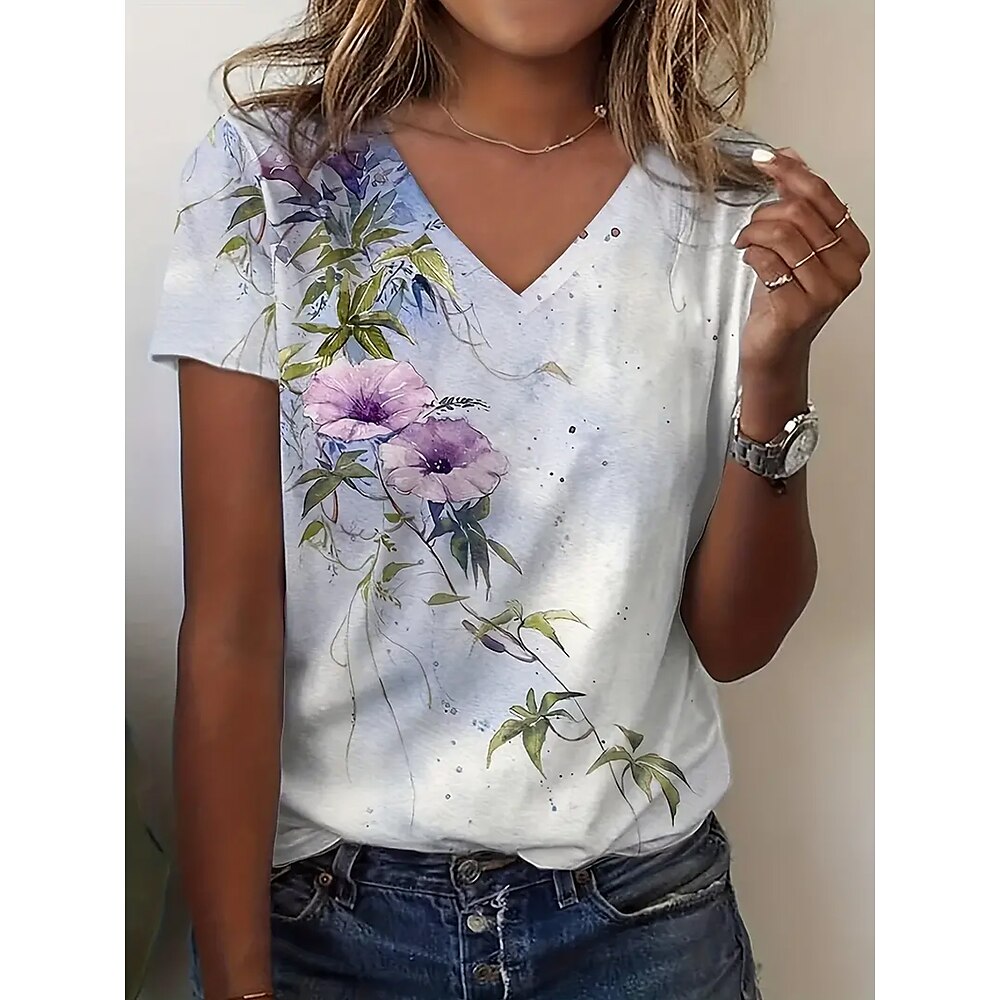 Damen T Shirt Blumen Bedruckt Täglich Brautkleider schlicht Kurzarm V Ausschnitt Weiß Sommer Lightinthebox