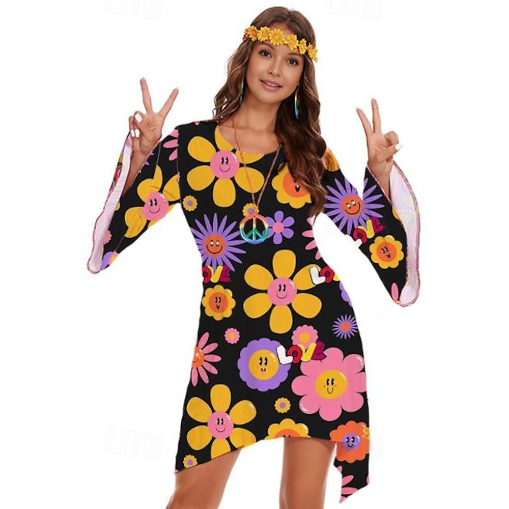 Retro Vintage 1970er 70er-Jahre-Kostüm für Damen Hippie Scheibe Damen Graphic Rundhalsausschnitt Halloween Karneval Maskerade Party Freizeitskleidung Erwachsene Kleid Ganzjährig Lightinthebox