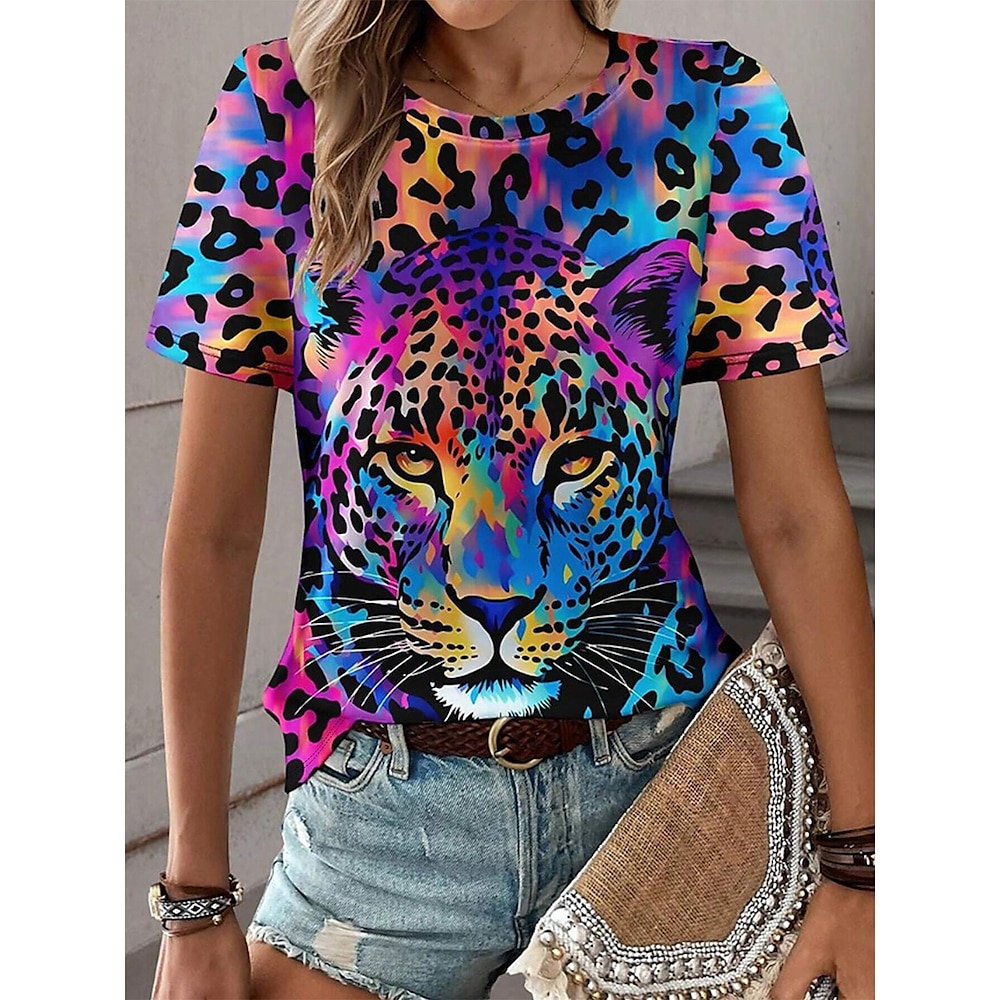 Damen T Shirt Stilvoll Brautkleider schlicht Tier Tiger Farbverläufe Normale Oberteile Kurzarm Rundhalsausschnitt Bedruckt Lockere Passform Täglich Blau Sommer Lightinthebox