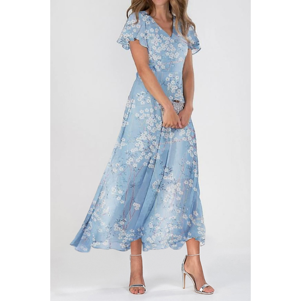 Damen Maxidress A Linie Kleid Elegant Täglich Verabredung Regular Fit Blumen V Ausschnitt Blau Sommer Lightinthebox