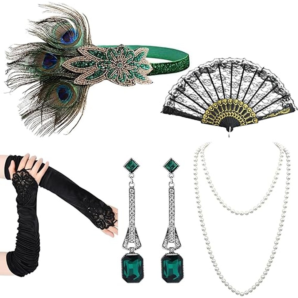 Vintage 1920s Der große Gatsby Flapper Stirnband Zubehörset Halskette Ohrring Charleston Damen Feder Modisch Maskerade Festival Erwachsene 1 Ventilator Handschuhe Ohrringe Ganzjährig Lightinthebox