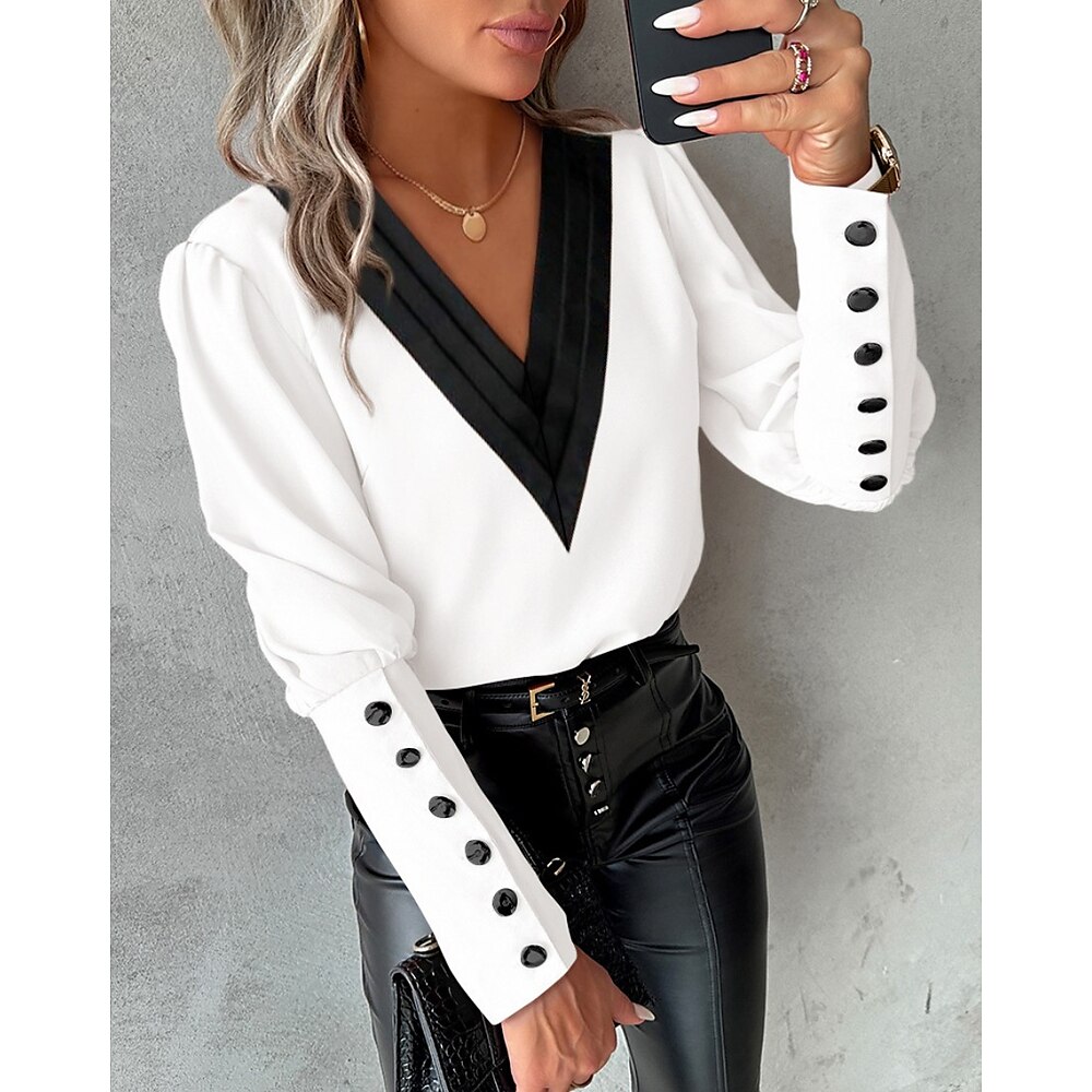 Damen Bluse Farbblock Taste Arbeit Stilvoll Modern Laternenärmel Langarm V Ausschnitt Weiß Frühling Herbst Lightinthebox