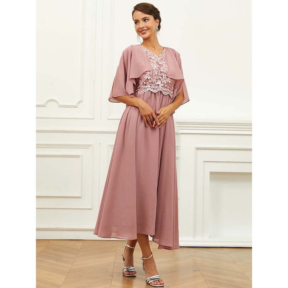 Damen A Linie Kleid Chiffon Spitze Rüsche V Ausschnitt Kurzarm Midikleid kleid hochzeitsgast Cocktailparty Elegant Ausgefallene Rosa Sommer Lightinthebox