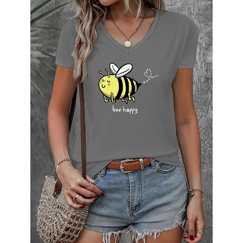 Damen T Shirt Brautkleider schlicht Bienen Normale Oberteile Kurzarm V Ausschnitt Bedruckt Täglich Grau Sommer Lightinthebox