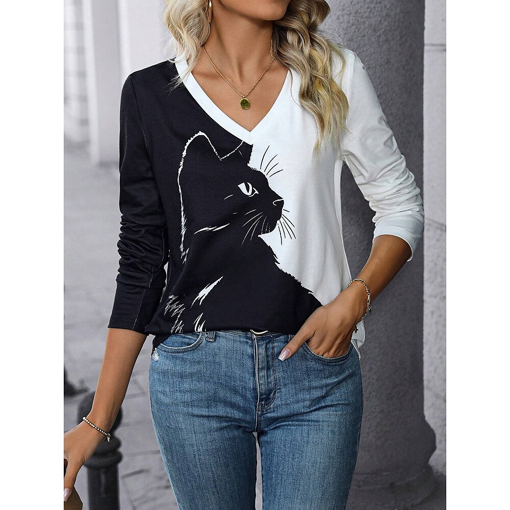 Damen T Shirt Polyester Modisch Farbblock Katze Bedruckt Langarm Normale Oberteile V Ausschnitt Täglich Weiß / Schwarz Frühling Herbst Lightinthebox