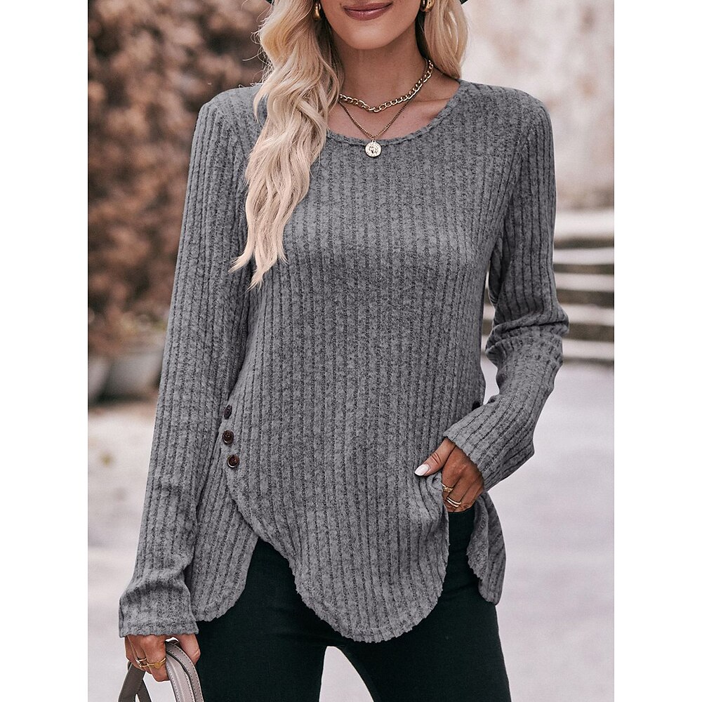 Damen Bluse Kunstseide Feste Farbe Taste Asymmetrischer Saum Arbeit Stilvoll Modern Langarm Rundhalsausschnitt Rote Frühling Herbst Lightinthebox