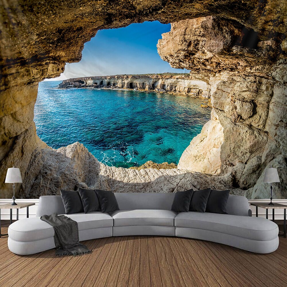 große wandteppich art deco decke vorhang picknicktisch decke hängend hause schlafzimmer wohnzimmer schlafsaal dekoration polyesterfaser landschaft berg wasser see meer höhle Lightinthebox