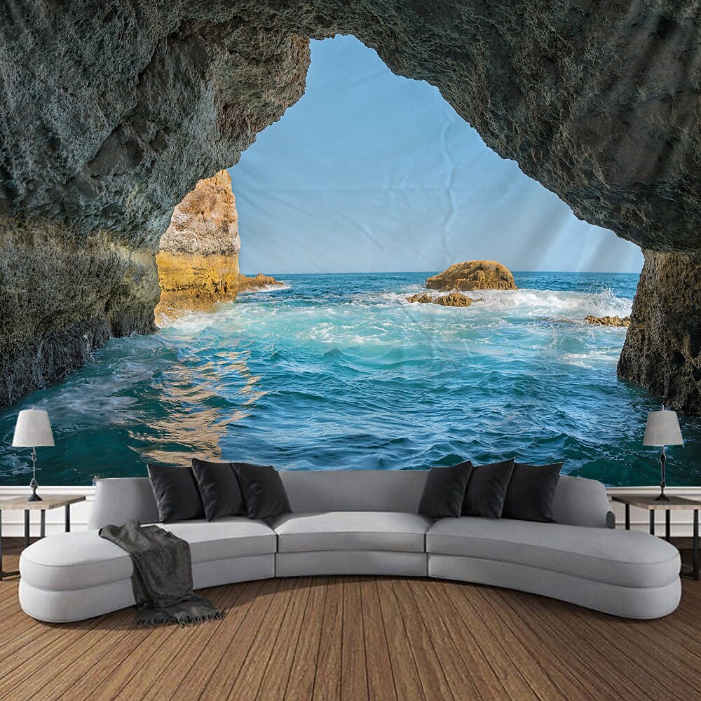 Ozeanwelle Höhle Wandteppich Kunstdekor Decke Vorhang Picknick Tischdecke hängend Zuhause Schlafzimmer Wohnzimmer Wohnheim Dekoration Natur Landschaft Meer Wandtuch XXL Natur Lightinthebox