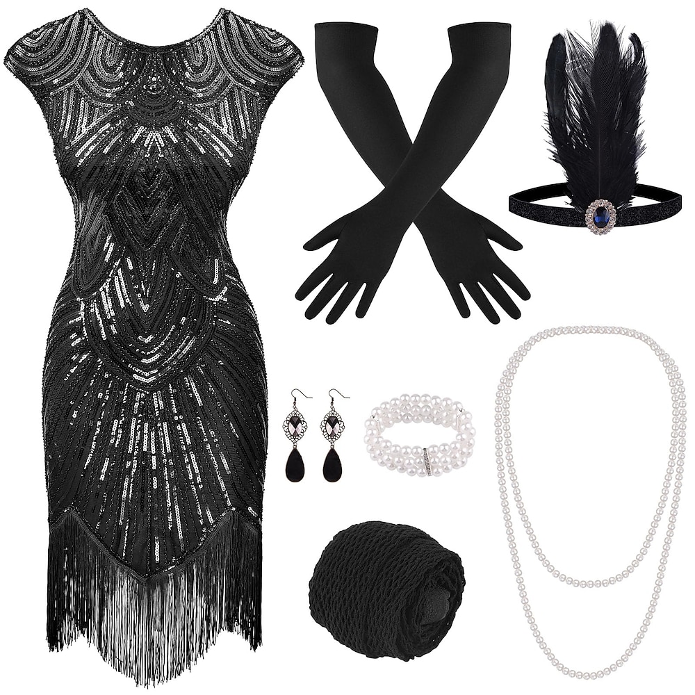 Brüllen 20s 1920s Cocktailkleid Flapper Kleid Kleid Austattungen Knie-Länge Der große Gatsby Charleston Damen Pailletten Quaste Feder Silvester Maskerade Party-Abendgarderobe Maskerade Erwachsene 1 Lightinthebox