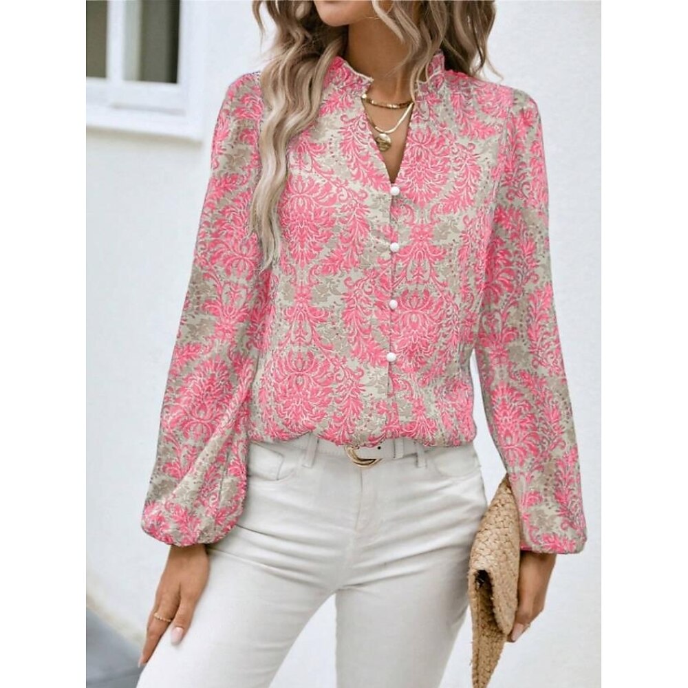 Damen Hemd Bluse Taste Bedruckt Arbeit Täglich Elegant Laternenärmel Langarm Gekerbter Hals Rosa Frühling Herbst Lightinthebox