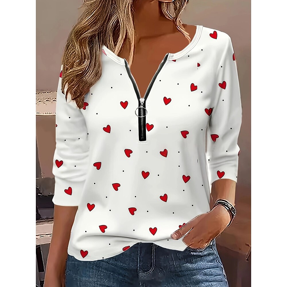 Damen T Shirt Baumwollmischung Herz Bedruckt Viertel Postleitzahl Valentinstag Wochenende Modisch Langarm V Ausschnitt Schwarz Frühling Herbst Lightinthebox