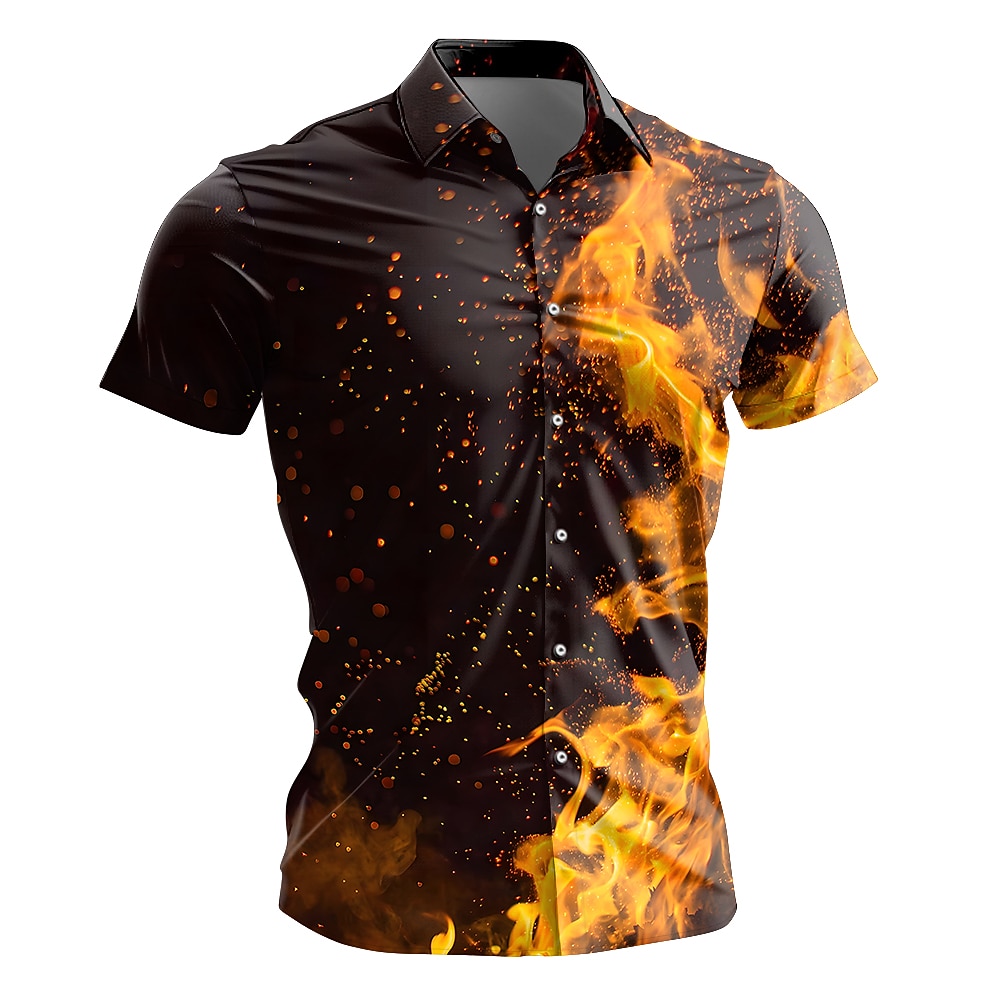 Herren Flamme Hemd Knopfhemd Kurzarm Brautkleider schlicht Dunkel Täglich Festtage Sommer Umlegekragen Knopf hoch 3D-Druck Schwarz Lightinthebox