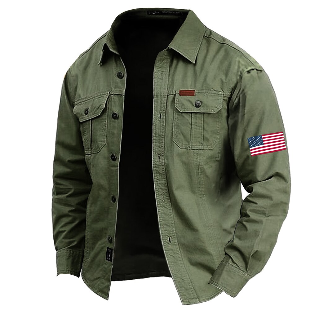 Herren Amerikanische US-Flagge Hemd Westernhemd Cargo-Shirt Langarm Brautkleider schlicht Taktisch Sport Natur Campen und Wandern Ausgehen Winter Frühling Herbst Gefaltete Kragen Bedruckt Lightinthebox