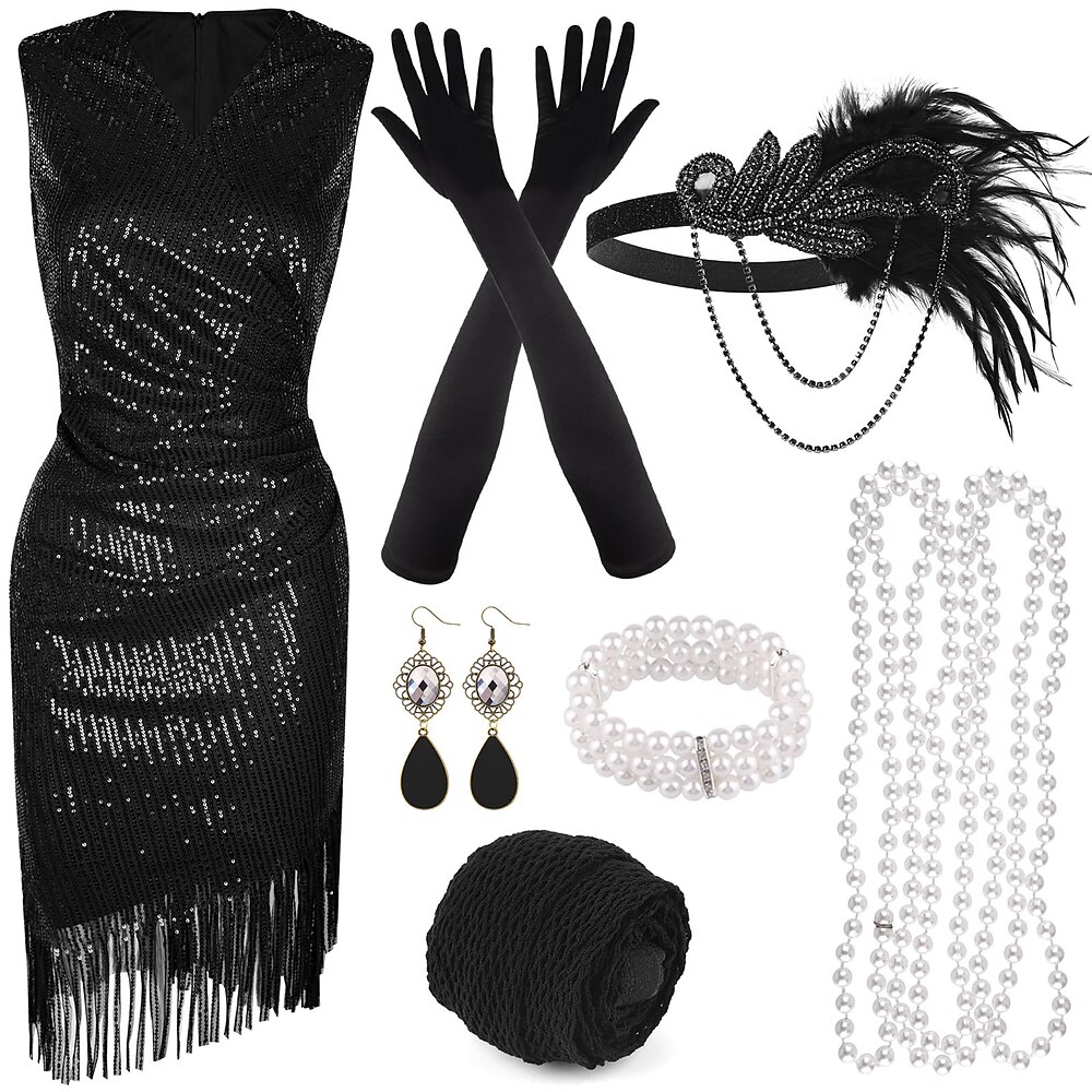 Brüllen 20s 1920s Cocktailkleid Flapper Kleid Kleid Austattungen Der große Gatsby Charleston Damen Pailletten Quaste Feder Silvester Maskerade Halloween Party / Abend Erwachsene 1 Halskette Kleid Lightinthebox