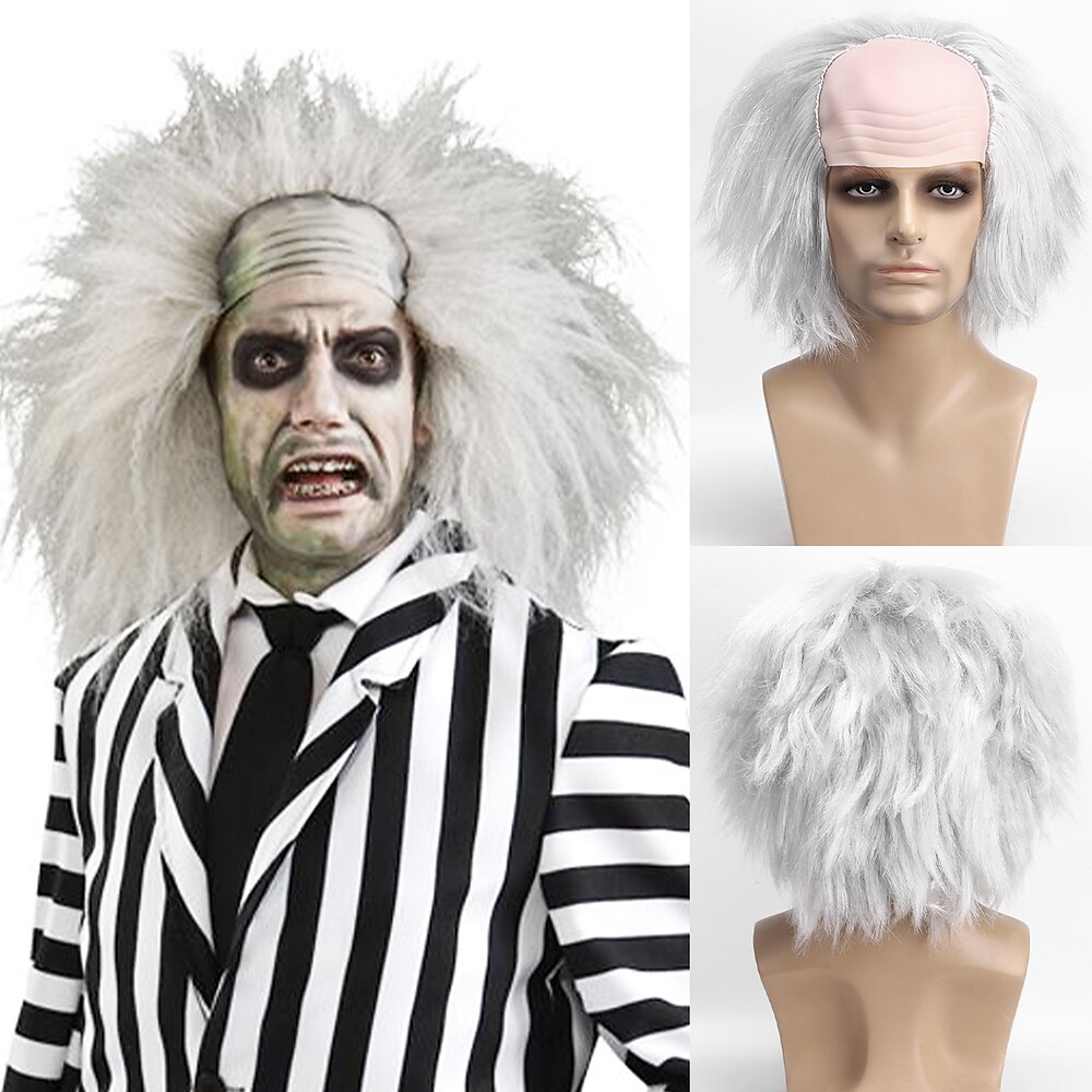 Beetlejuice 2 Cosplay-Perücke für Herren, kurz, flauschig, gewellt, Clown-Glatze, für Karnevalspartys, Kostümperücken für Erwachsene Lightinthebox