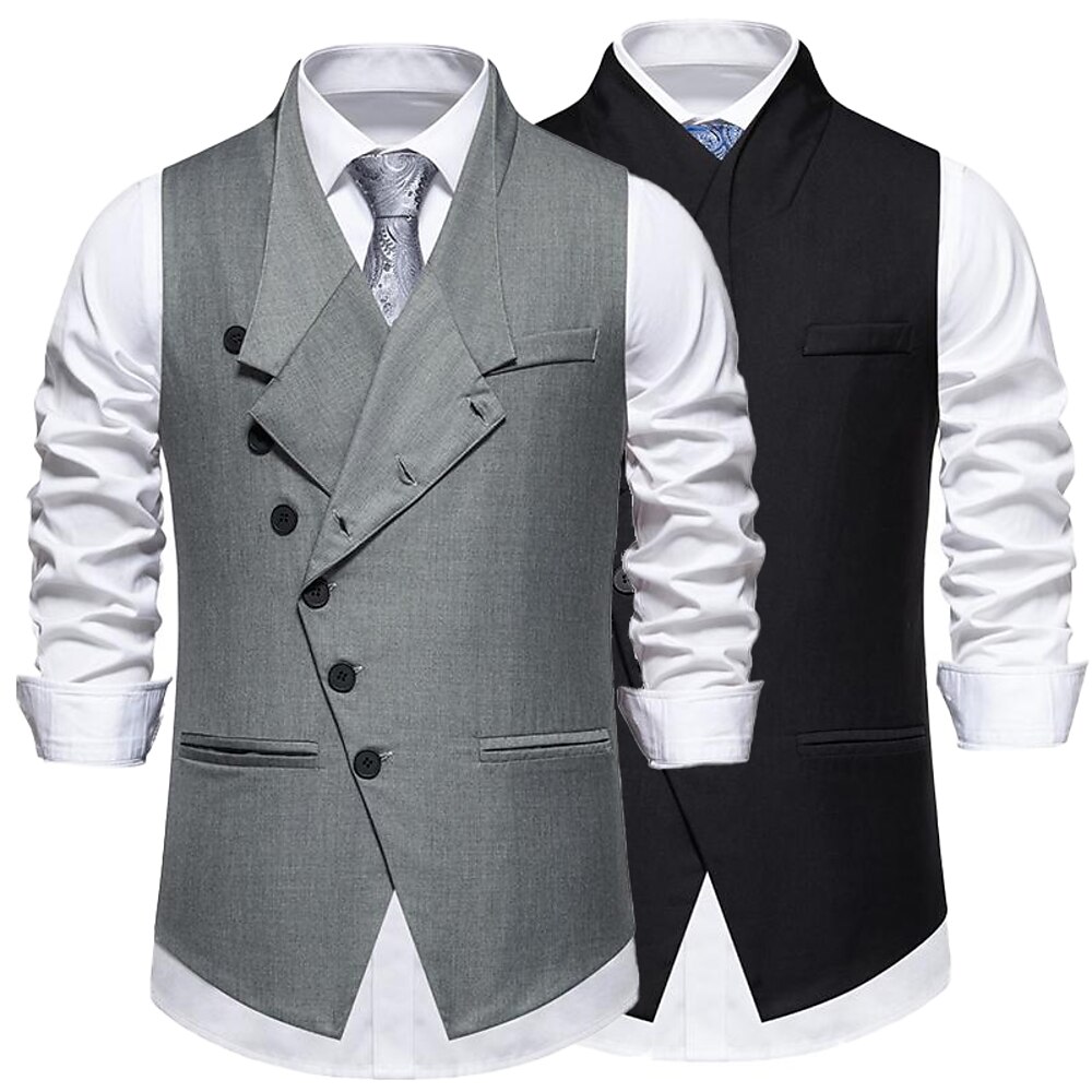 Herren Weste Freizeitskleidung Urlaub Ausgehen Vintage Modisch Frühling Herbst Taste Polyester Komfortabel Glatt Einreihiger Verschluss V Ausschnitt Regular Fit Schwarz Grau Weste Lightinthebox