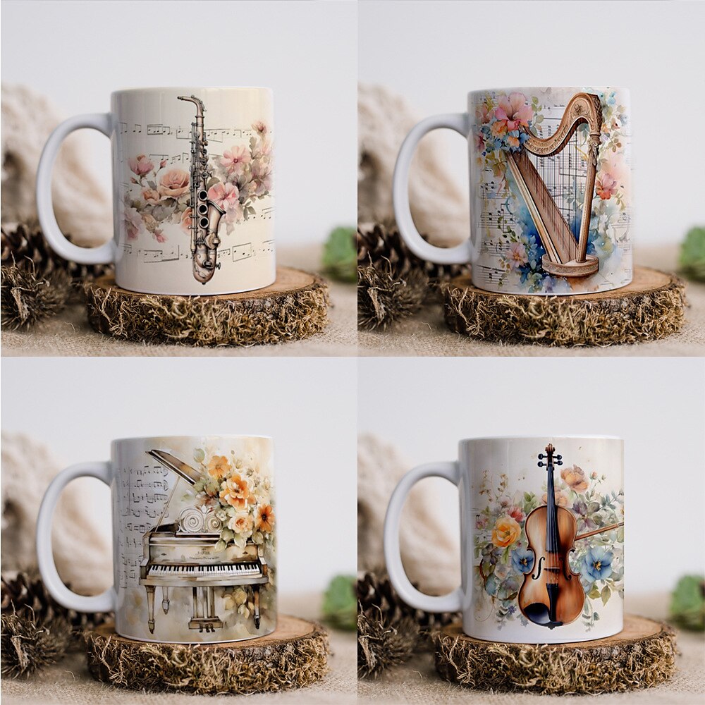 Geigenbecher mit Blumenmotiv, 312 ml, Keramik-Becher mit Musikinstrumentendruck, klassischer Musikbecher, Weihnachtsgeschenk für Musikliebhaber Lightinthebox