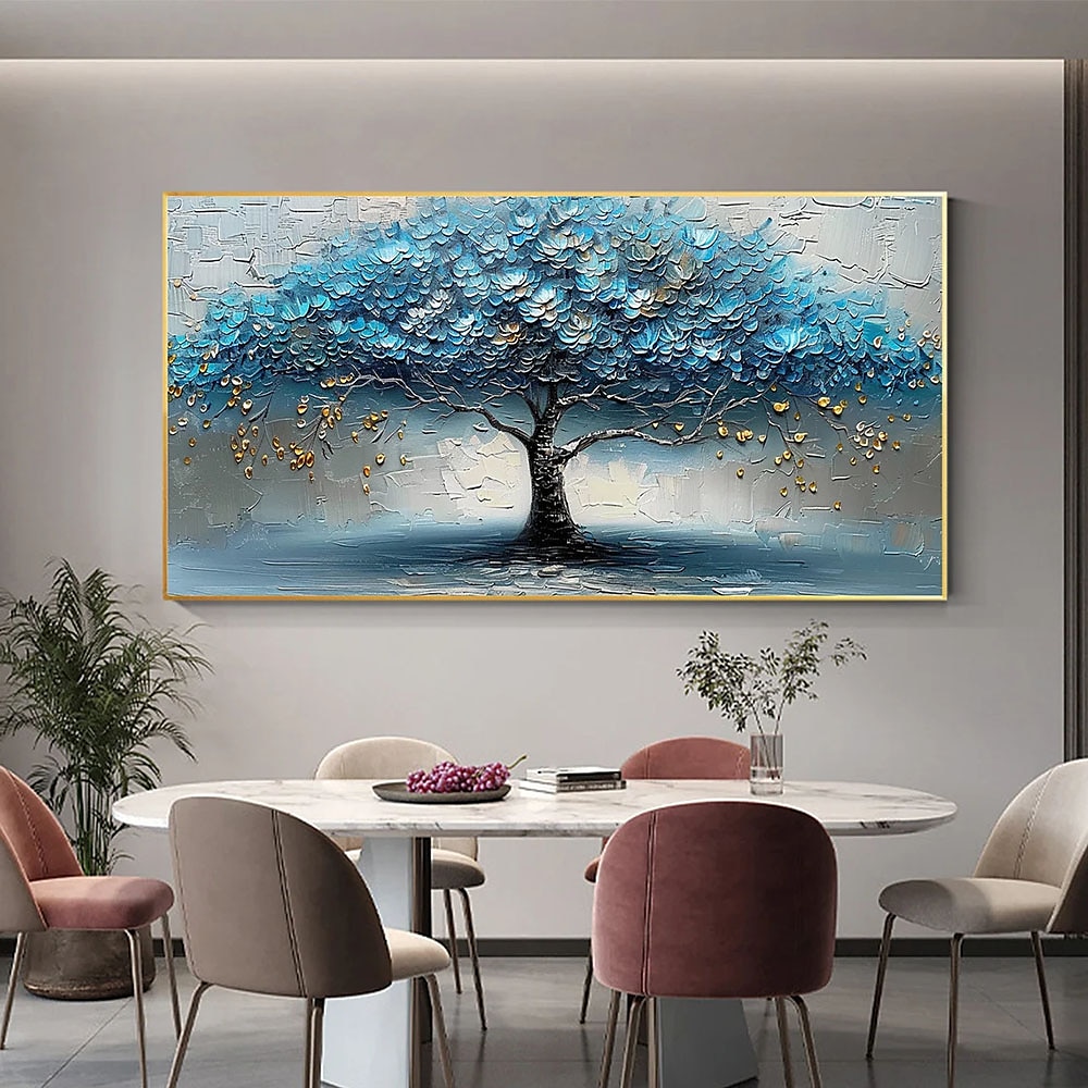 handgemaltes Original Blütenbaum Ölgemälde auf Leinwand große Wandkunst abstrakte Textur blaue Blume Malerei Wanddekoration Wohnzimmer Wanddekoration ungerahmt Lightinthebox