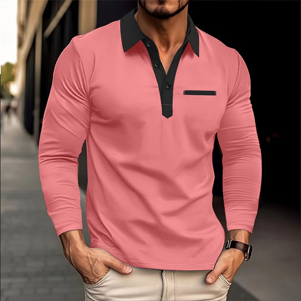 Herren Golfhemd Golfpolo Arbeit Casual Kargen Langarm Basic Modern Farbblock Patchwork Taste Frühling Herbst Regular Fit Schwarz Weiß Rosa Dunkelpink Marineblau Khaki Golfhemd Lightinthebox