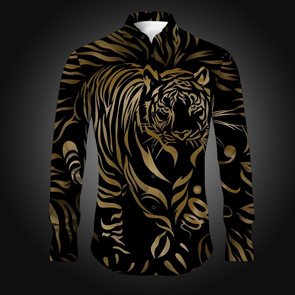 Herren Tiger Bedruckte Hemden Langarm Brautkleider schlicht Party Täglich Festtage Herbst Winter Frühling Sommer Umlegekragen Knopf Bedruckt Blau Purpur Gold Grau Lightinthebox