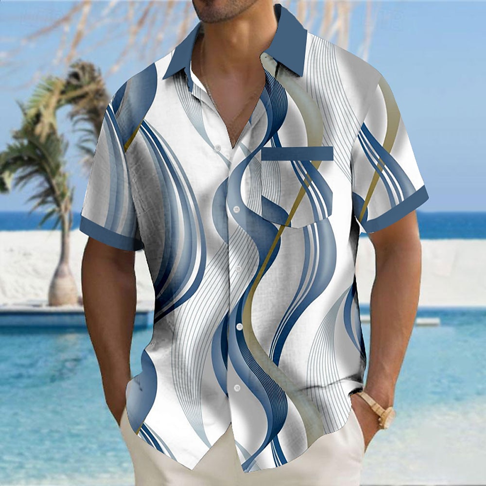 Herren Geometrisch Linien / Wellen Geometrische Muster Knopfhemd Bedruckte Hemden Kurzarm Hawaiianisch Resort Outdoor Karriere/ Zeremonie / Hochzeit Sommer Umlegekragen Bedruckt Button-Down Blau Lightinthebox