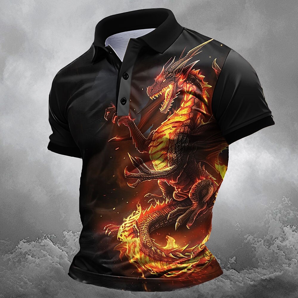 Herren Drache Poloshirts Golfhemd Kurzarm Polo-Shirts Hemden mit Kragen Lustig Strassenmode Urlaubskleidung Party-Outfits Knopf 3D-Druck Schwarz Lightinthebox