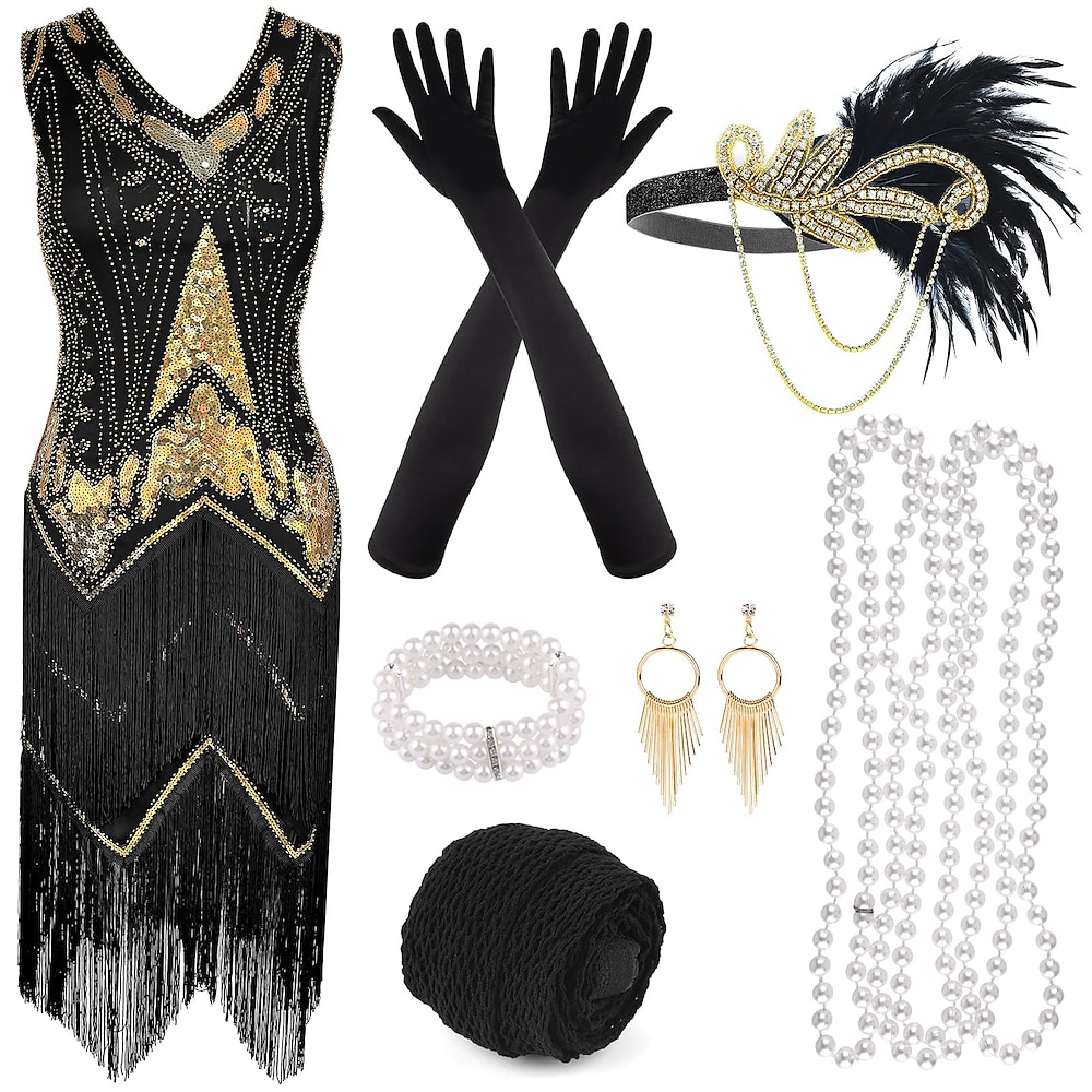 Brüllen 20s 1920s Cocktailkleid Flapper Kleid Kleid Austattungen Der große Gatsby Charleston Damen Pailletten Quaste Feder Silvester Maskerade Halloween Party / Abend Erwachsene 1 Halskette 1 Paar Lightinthebox