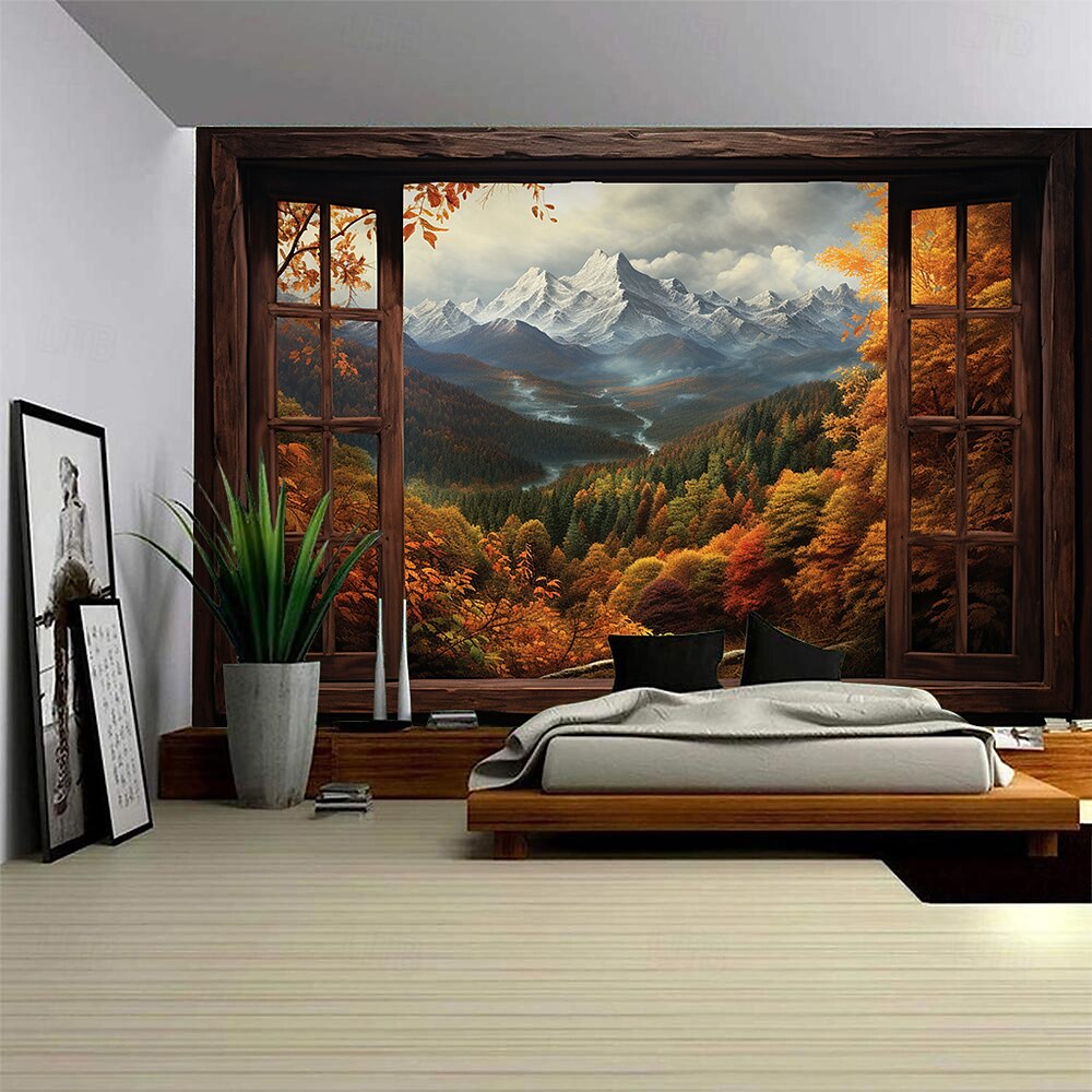 Herbstlandschaft Höhle Wandteppich Wanddekoration großer Wandteppich Wanddeko Fotografie Kulisse Decke Vorhang Home Schlafzimmer Wohnzimmer Dekoration Wandtuch XXL Natur Lightinthebox