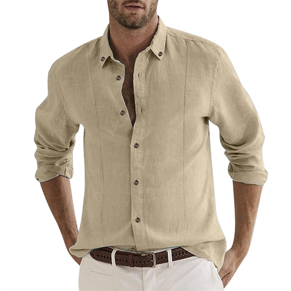 Herren Hemd leinenhemd Knopfhemd Lässiges Hemd Baumwoll-Shirt Schwarz Weiß Himmelblau Khaki Langarm Glatt Kargen Frühling Herbst Hawaiianisch Festtage Bekleidung Button-Down Lightinthebox