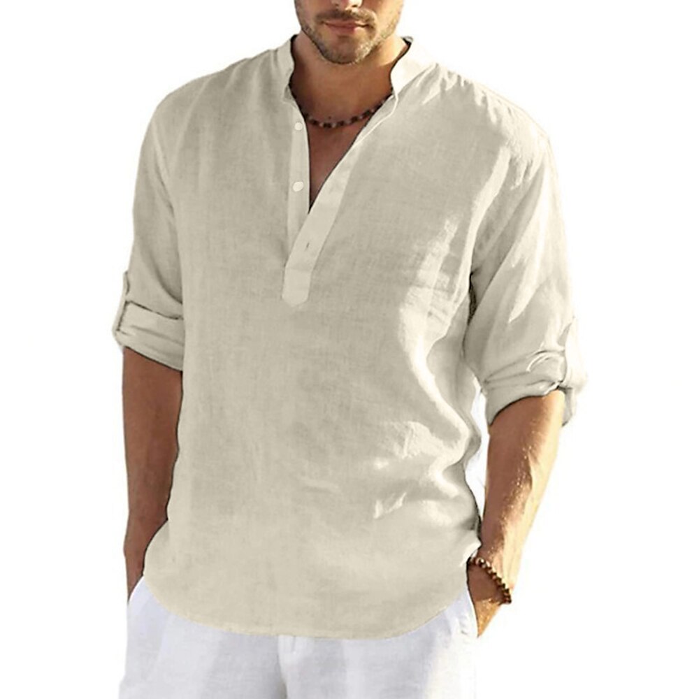 Herren Hemd leinenhemd Popover-Shirt Sommerhemd Strandbekleidung Hemd mit Stehkragen Schwarz Weiß Gelb Rosa Langarm Feste Farbe Henley Sommer Frühling Hawaiianisch Festtage Bekleidung Button-Down Lightinthebox